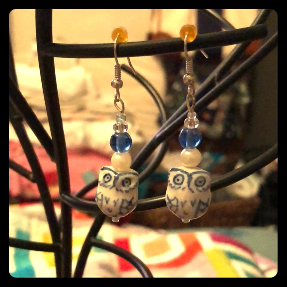 Blue and White Ceramic Owl Earrings